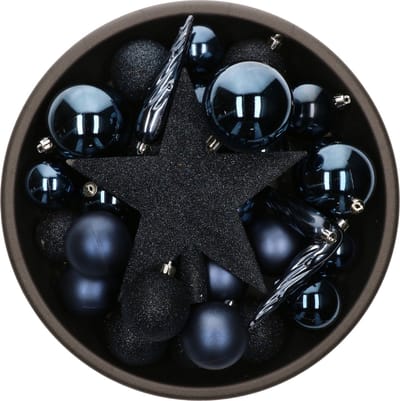 Set van 33x stuks kunststof/plastic kerstballen met ster piek donkerblauw - Kerstversiering/kerstboomversiering