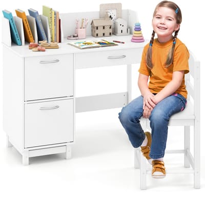COSTWAY Kinderbureauset met stoel, schoolagenbureau met plank, open plank en opbergkast, jeugdschrijftafel, kinderbureau om te tekenen, lezen (wit)