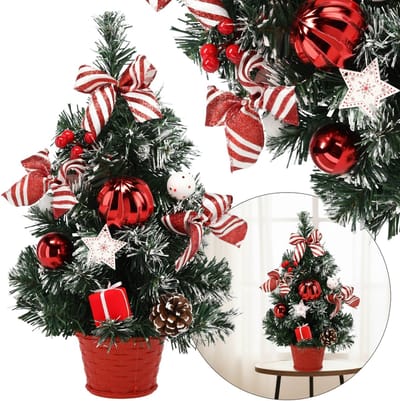 KLEINE kunstmatige kerstboom, MET SNEEUW, wit-rood in een pot VERSIERD 40 cm