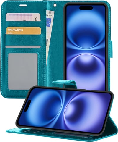 Hoesje - Geschikt voor Apple iPhone 16 - Luxe Bookcase - Walletcase Hoes - Portemonnee - Cover - Telefoonhoes - Turquoise