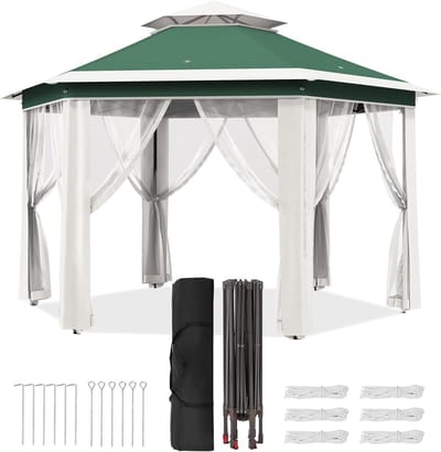 HoerFuriy Partytent 4x4m - Pop-up Paviljoen Hexagonaal met Muggennet - UV-bestendig & Verstelbaar - Dubbel Dak - Groen