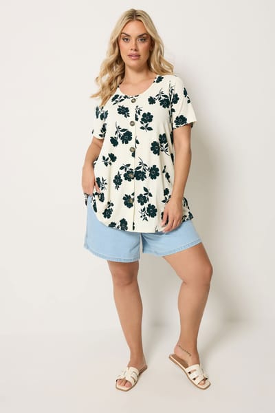Yours Crèmekleurige Geribbelde Swingtop Met Bloemenprint En Knoopsluiting Aan De Voorkant Size 42