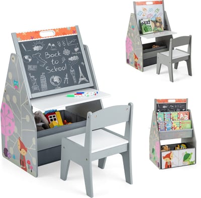 COSTWAY 3 in 1 kindertafel & kunstezel & krijtbord, kinderzitgroep met magneetbord & whiteboard & stoffen mand & boekenplank, kinderplank met opbergruimte voor jongens en meisjes