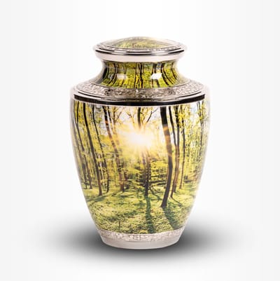 Messing Urn Groot 3,7 liter Print Groen Bos, Bomen & Zon - Urn voor Menselijke As - Crematie Urn voor As Volwassenen