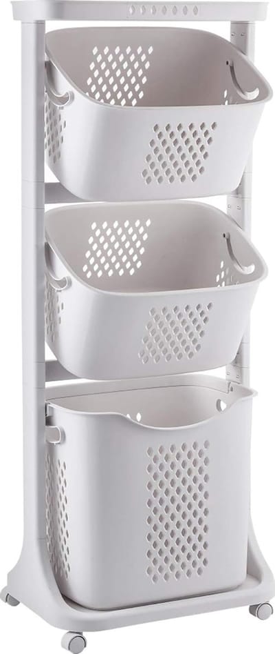 Rollende Waskar – Wasmand met 3 Vakken – 360° Wielen – Geventileerd – Ruimtebesparend – 3 x 25L – Wit