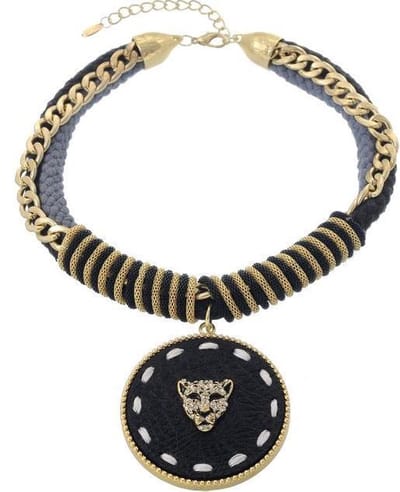Behave ketting - Gourmetschakels met vossenstaart koord en leopard hanger - Nikkelvrij - Zwart & Goudkleurig