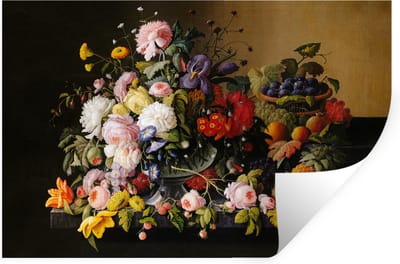 Muurstickers - Sticker Folie - Stilleven met bloemen en fruit - Kunstwerk - Oude meesters - 30x20 cm - Plakfolie - Muurstickers Kinderkamer - Zelfklevend Behang - Zelfklevend behangpapier - Stickerfolie