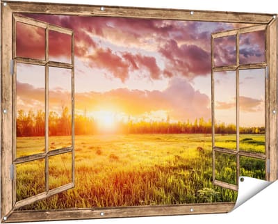 Gards Tuinposter Doorkijk Zonsopkomst in het Veld - 150x100 cm - Tuindoek - Tuindecoratie - Wanddecoratie buiten - Tuinschilderij