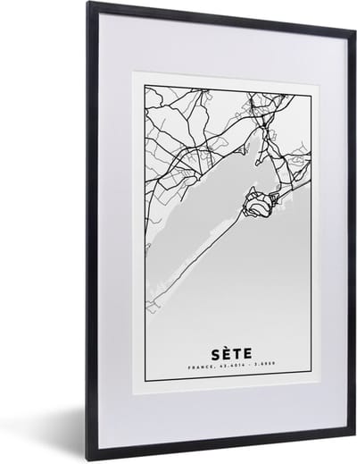 Fotolijst incl. Poster Zwart Wit- Kaart – Sète - Plattegrond – Frankrijk – Stadskaart - Zwart wit - 40x60 cm - Posterlijst