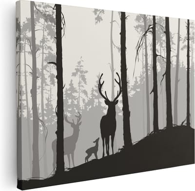 Artaza Canvas Schilderij Bos - 40x30 cm - Klein - Wanddecoratie Hert - Muurdecoratie Silhouet - Kamer Accessoires