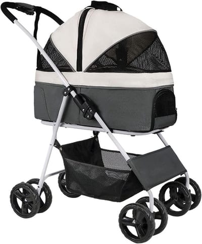 Huisdier Kinderwagen - Draagbare Reiswieg - Comfortabel Reizen - Afneembare Draagwagen - Tot 15kg - Lichtgrijs