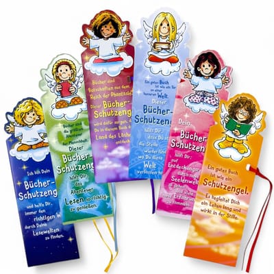 Dailygoods- Bladwijzerset 6 Stuks - Gekleurde Designs - Beschermengelspreuken - Satijnen Linten - Opklapbaar - Hoogwaardig Papierkarton - Bladwijzers