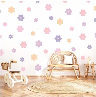 Muursticker kinderkamer bloemen - Kinderkamer decoratie 55 losse stickers - Muursticker kinderkamer Veilig voor kinderen - Muurdecoratie violet, geel, roze - Violet-roze bloemen, 31x150