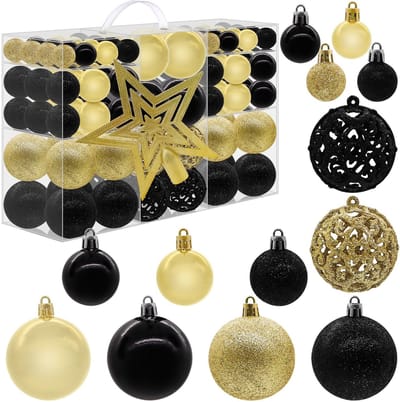 NTHProducts - Kerstballen - Versieringen - 101 Stuks - Goud Zwart - Shatterproof - Voor Kerst, Feest, Bruiloft - Decoratie Set