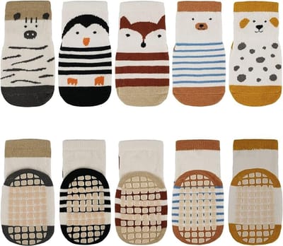 Baby Antislip Sokken - Stevige Antislip Sokken - Antislip Sokjes Baby - Baby Sokken 1 - 3 Jaar - 100% Katoen Babysokjes - Slipper Sokken Anti-slip - Silicone Slipper Sokjes - Meisjes & Jongens - 5 Paar - Maat M