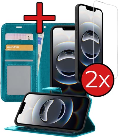 Hoesje - Met 2x Screenprotector - Geschikt voor Apple iPhone 16e / 17e - Luxe Pasjeshouder - Flip Case - Bookcase Portemonee - Kunstleer Book Case - Flipcase Hoes - Book Cover - Walletcase - Portemonneehoes - Telefoonhoes - Turquoise