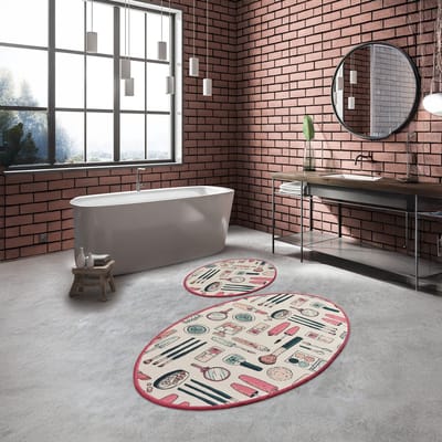 Bosdela Make Up Ovaal 2-delige badkamermatten, wasbaar, zacht en comfortabel – toiletmat + badmat – ideaal voor badkamer en toilet, met 60x100 cm + 50x60 cm