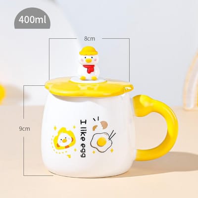 Cartoon Kleine Gele Eend Mok Creatieve Leuke Huisdier Keramische Kop met Deksel Siliconen Pop Lepel Meisje Ontbijtkop Grote Capaciteit 400ml yellow