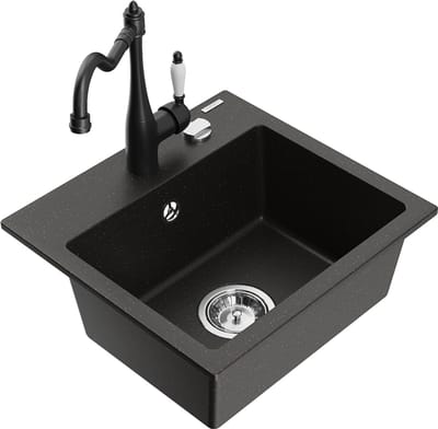 Mexen Milo granieten gootsteen 1-komors met keukenmengkraan Carla, zwart/gouden metallic - 6505-75-670700-70