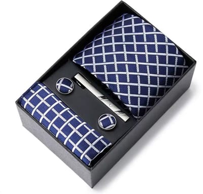Actie4you® - Luxe Stropdas - Stropdas Set met Manchetknopen en Pochet en Dasspeld – Met Geschenkdoos – 4 Delig – Stropdas Set – Blauw Wit Ruit