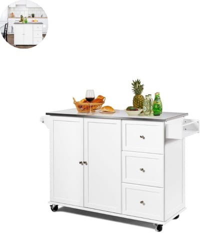 Keukeneiland - Verplaatsbaar - Keukenkast - Dressoir - Organizer - Kasten - Houten Werkblad - 2 Deuren - Wit
