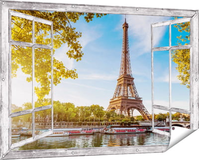 Gards Tuinposter Doorkijk Eiffeltoren in Parijs aan het Water - 150x100 cm - Tuindoek - Tuindecoratie - Wanddecoratie buiten - Tuinschilderij