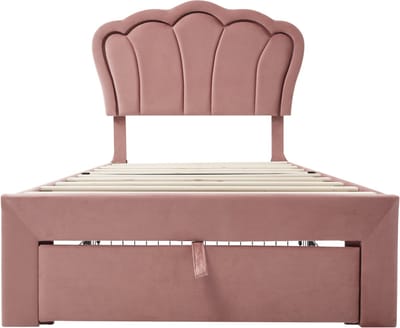 Kinderbed, LED eenpersoonsbed, 90 x 190 cm, met lades, gestoffeerd bedframe, LED-verlichting bedienbaar via app, lattenbodem en verstelbaar hoofdeinde, tienerbedframe, roze fluweel.