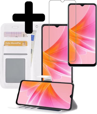 Hoesje - Met Screenprotector - Geschikt voor OPPO A17 - Luxe Pasjeshouder - Bookcase Portemonee - Flip Case - Kunstleer Book Case - Flipcase - Book Cover - Walletcase - Portemonneehoes - Telefoonhoesjes - Wit
