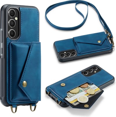 Casemania Hoesje Geschikt voor Samsung Galaxy A14 - Navy Blue - Luxe Backcover met Koord en Magnetische Sluiting - Portemonnee Wallet Case met Pasjeshouder en Opbergvak - Lanyard Telefoonhoes - Cord Case