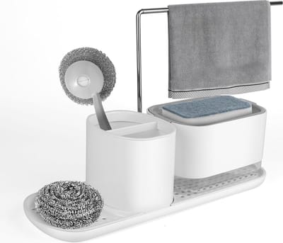 4-in-1 zeepdispenser voor de keuken, afwasmiddeldispenser met sponshouder, pompzeepdispenser, handzeepdispenser met theedoekhouder, spoelbakorganizer voor badkamer, keuken, wit