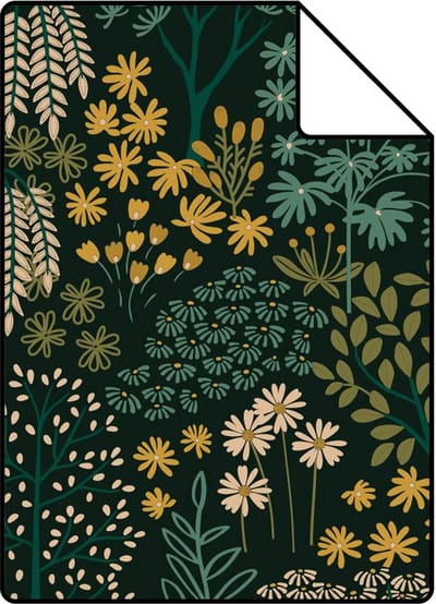 Proefstaal ESTAhome behang bomen en bloemen blauwgroen en geel - 26.5 x 21 cm - 131190-S
