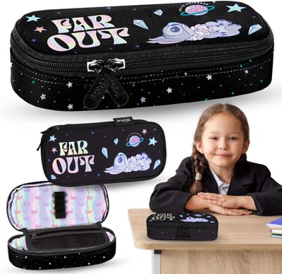 DISNEY Stitch Schoolpotloodetui COMPARTIMENTEN met zwarte vakken, ovaal zakje voor meisjes 5x22x10cm