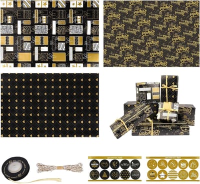 Zwart Goud Cadeaupapier voor Verjaardagen en Feestdagen, 6 Vellen van 70 x 50 cm, Perfect voor Inpakken, Cadeautassen en Opslag