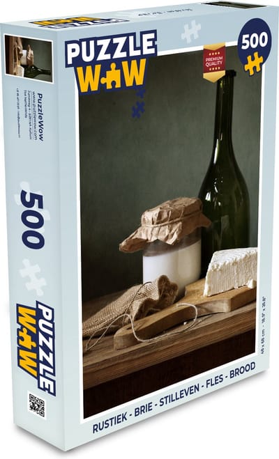 Puzzel Rustiek - Brie - Stilleven - Fles - Brood - Legpuzzel - Puzzel 500 stukjes
