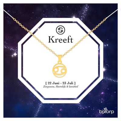 Bixorp Stars Sterrenbeeld Ketting Kreeft / Cancer - Stainless Steel Rondje met Goud Verguld - 45cm Ketting met Zodiac Hanger - Inclusief Cadeau Verpakking
