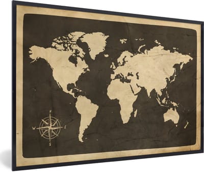 Poster in lijst - Fotolijst 90x60 cm - Posters - Wereldkaart - Kompasroos - Vintage - Posterlijst zwart - Decoratie - Wanddecoratie woonkamer - Muurdecoratie slaapkamer