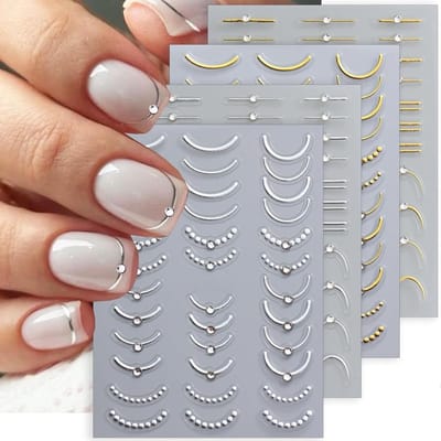 Zelfklevende Franse Nail Stickers met 5D Gouden en Zilveren Lijnen en Diamant Rhinestones voor Nail Art en Manicure Decoratie