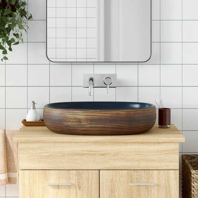 vidaXL - Opzetwasbak - ovaal - 59x40x14 - cm - keramiek - bruin - en - blauw