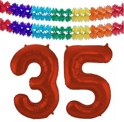 Folat Verjaardag Leeftijd folieballon - 35 jaar - rood - 86 cm - cijferballon groot - incl 2x feestslingers
