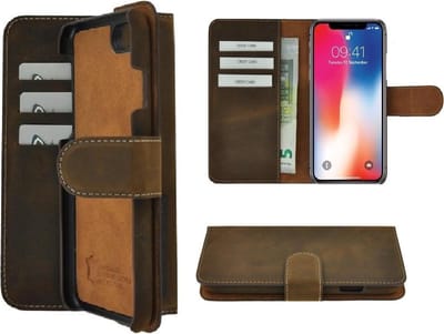 Geschikt voor iPhone X hoesje – Xs hoesje - Bookcase - Portemonnee Hoesje Echt leer Wallet case Antiek Bruin