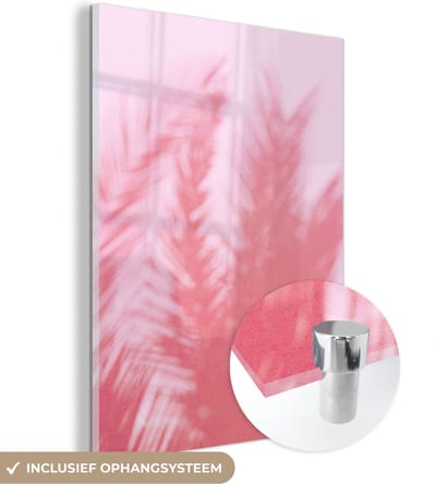 MuchoWow® Glasschilderij 30x40 cm - Schilderij acrylglas - Planten - Bladeren - Roze - Foto op glas - Schilderijen