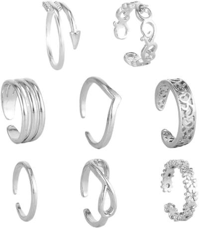 Set van 8 Verstelbare Teenringen van 925 Sterling Zilver voor Dames, Elegante Sieraden voor Elke Gelegenheid