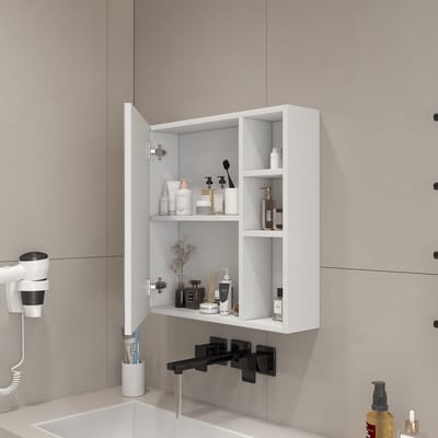 MODENUIT Wandspiegelkast - Met Spiegeldeur En Binnenvakken - Voor Badkamer En Kaptafel - MDF En Glas - 55x56 Cm