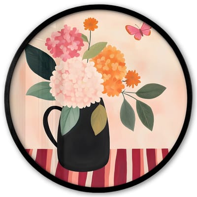 Poster in lijst Rond - Fotolijst 40x40 cm - Posters - Vaas - Bloemen - Vlinder - Rood - Ronde posterlijst zwart - Decoratie - Wanddecoratie woonkamer - Muurdecoratie slaapkamer