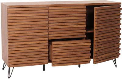 Dressoir MCW-M49, ladekast highboard, 3D design opbergvakken, MDF metaal 85x142x44cm ~ walnoot look