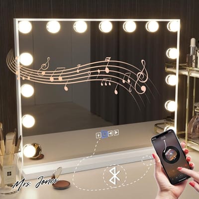 Mrs. Jones Bluetooth Make-up Spiegel met verlichting 15 LED-lampen Dressoir Spiegel - Hollywood - USB oplaadpoort - 3 kleurtemperaturen - grote make-upspiegel voor tafelspiegels of wandspiegel .