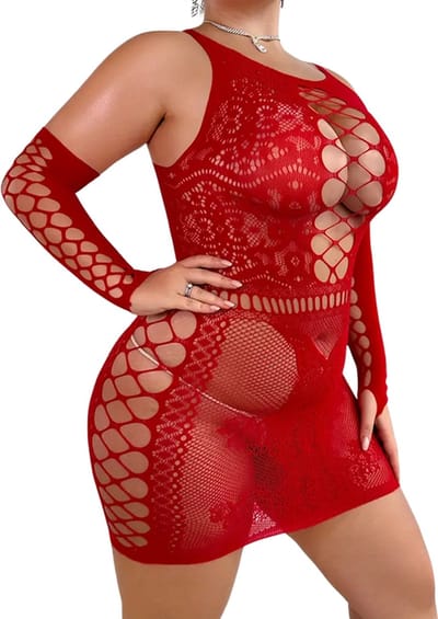 LekkerStout Plus Size Jurk - Vlinder Patroon - Rood - Sexy Lingerie - | M+/XL | ( LS201 )