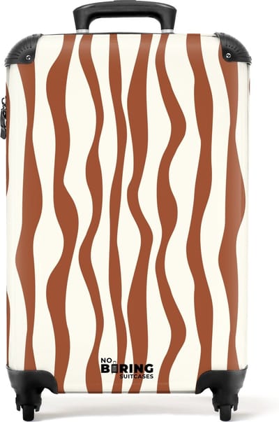 NoBoringSuitcases.com® - Handbagage koffer lichtgewicht - Reiskoffer trolley - Bruin met witte golvende lijnen - Rolkoffer met wieltjes - Past binnen 55x40x20 en 55x35x25