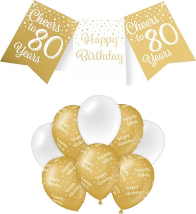Paperdreams Luxe 80 jaar/Happy Birthday feestversiering set - Ballonnen & vlaggenlijnen - wit/goud