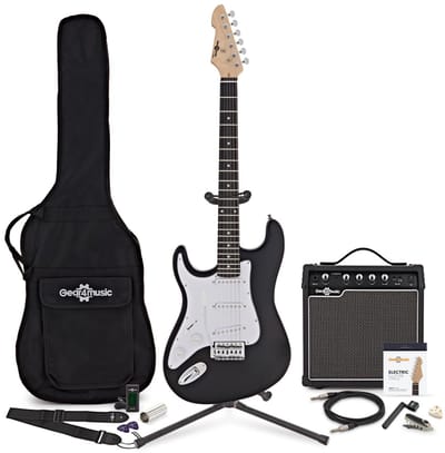 LA Linkshandige Elektrische Gitaar, Zwart, + 15W Versterker & Accessoirepakket